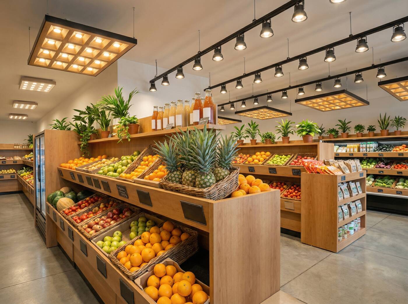 Rayons d'un magasin, éclairés par un système d’éclairage LED suspendu au plafond.
